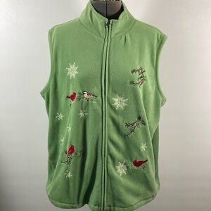 Baxter & Wells Vest Women Size 1X Green w Red Birds Soft Cozy Zipper Front